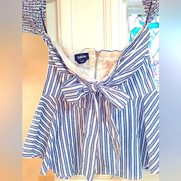 BEBE Nautical Top White Navy Stripes zip back BowTie front Wear off shoulders - Picture 1 of 7